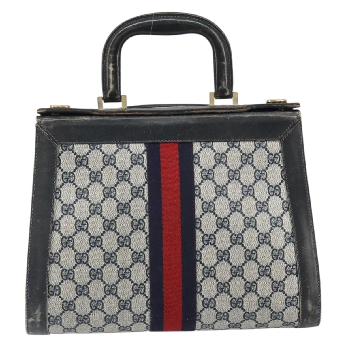 GUCCI GG Canvas Sherry Line Hand Bag Navy Gold Auth fm5015