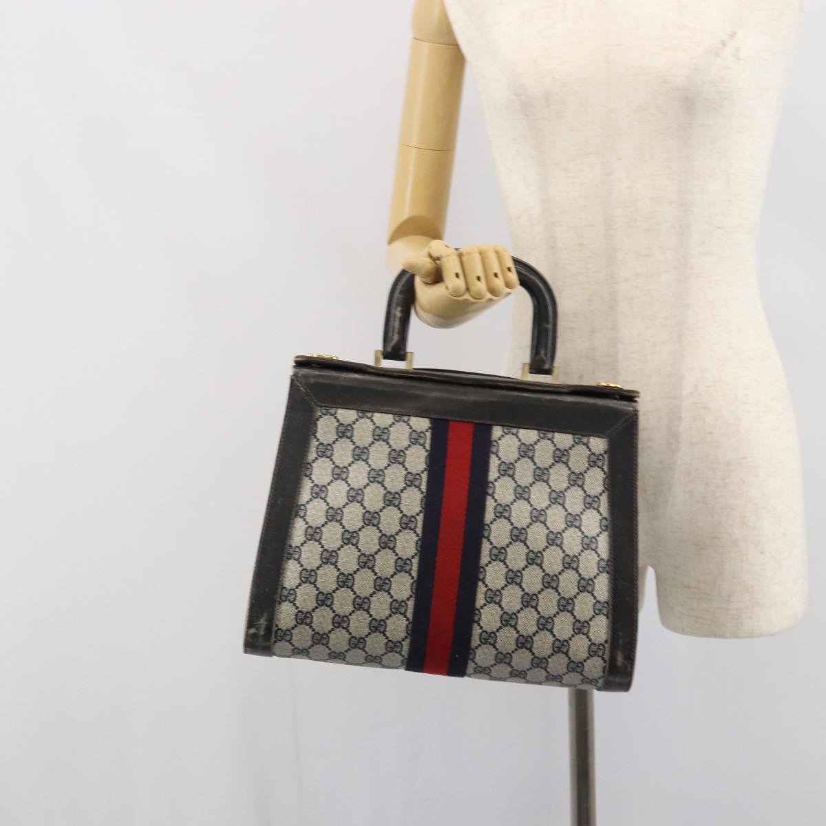 GUCCI GG Canvas Sherry Line Hand Bag Navy Gold Auth fm5015