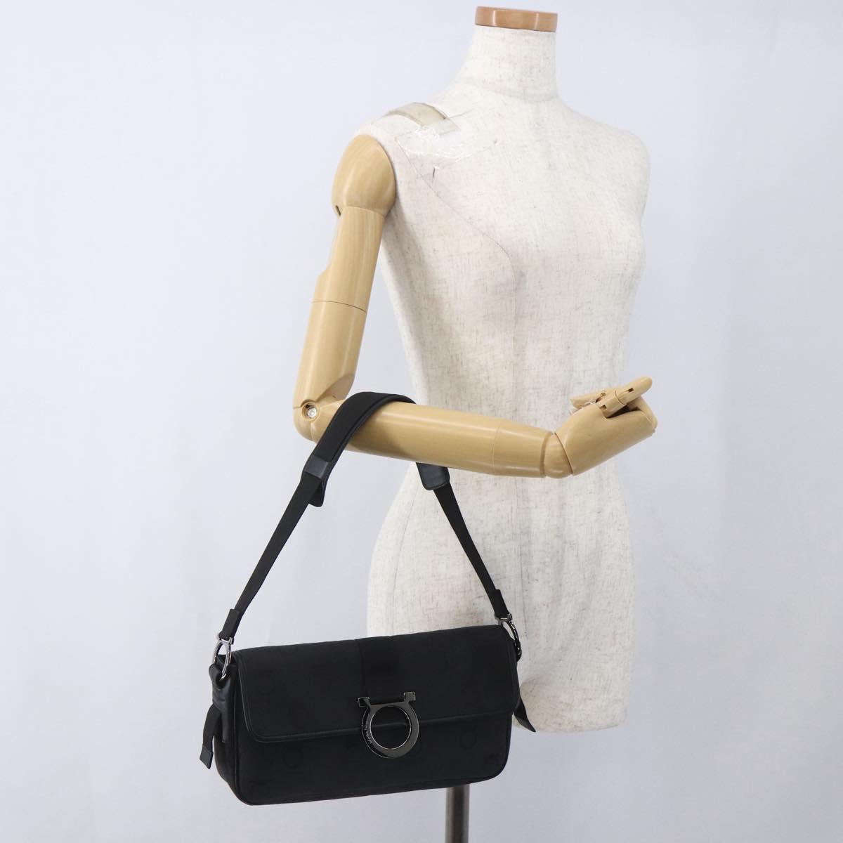 Salvatore Ferragamo Gancini Shoulder Bag Canvas Black Silver Auth fm5022V