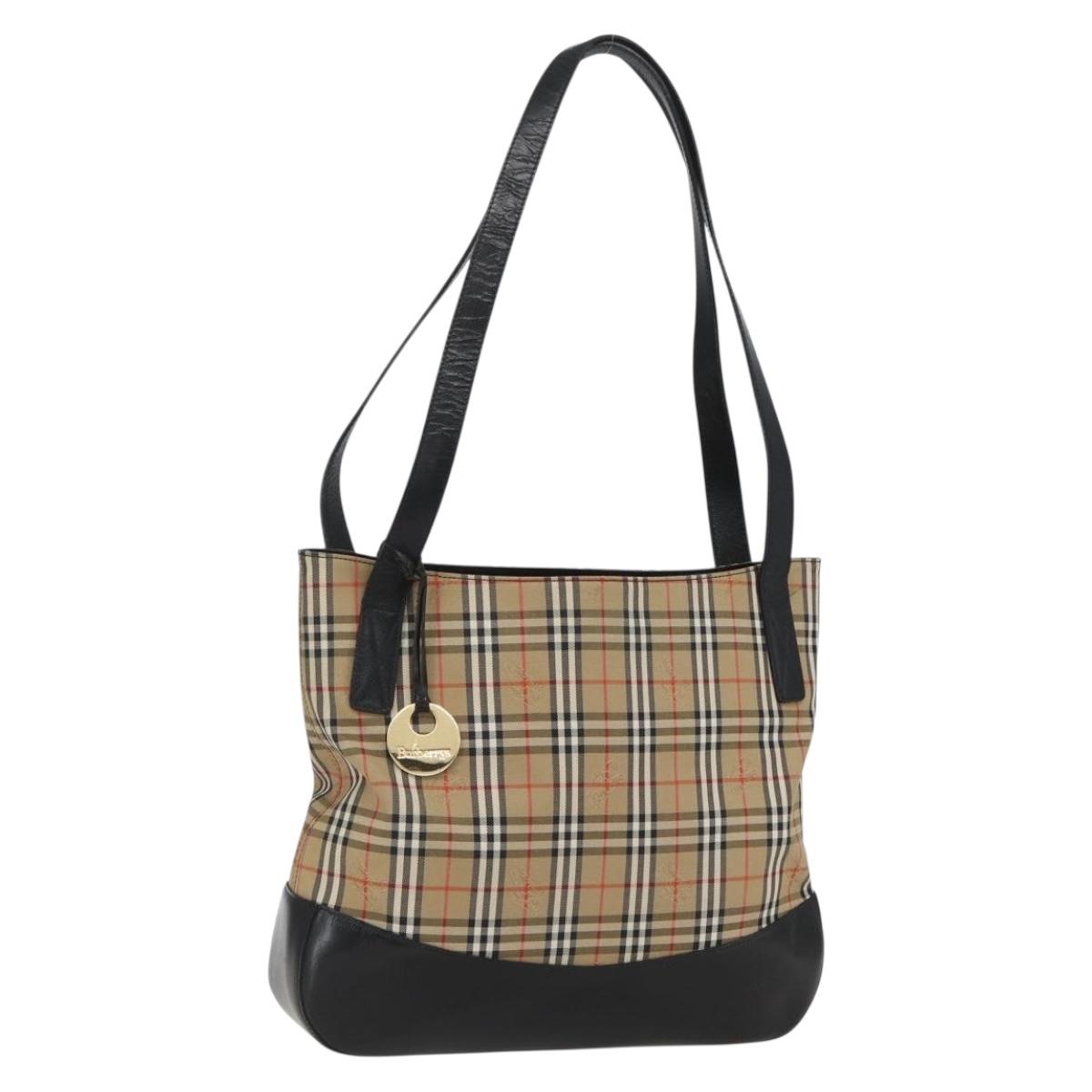 Burberrys Nova Check Tote Bag Canvas Leather Beige Black gold Auth fm5026