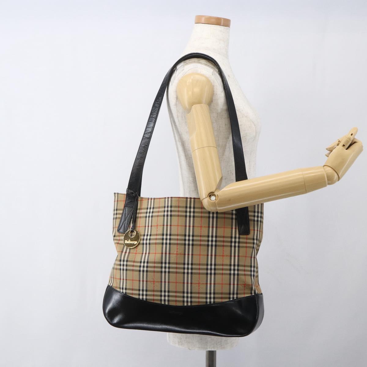 Burberrys Nova Check Tote Bag Canvas Leather Beige Black gold Auth fm5026