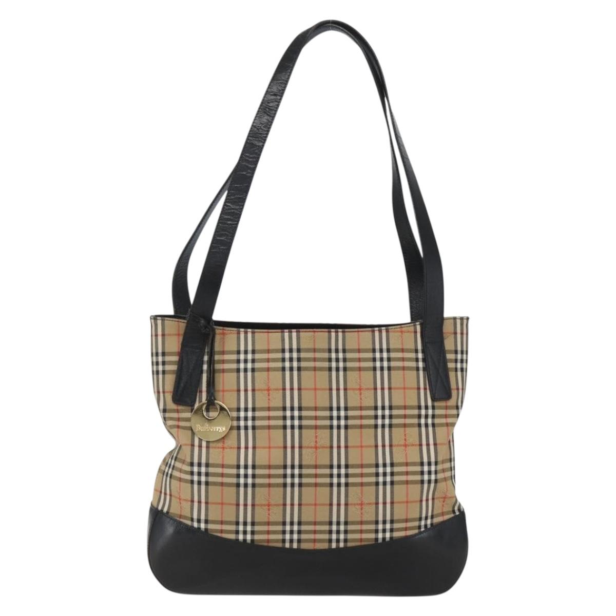 Burberrys Nova Check Tote Bag Canvas Leather Beige Black gold Auth fm5026