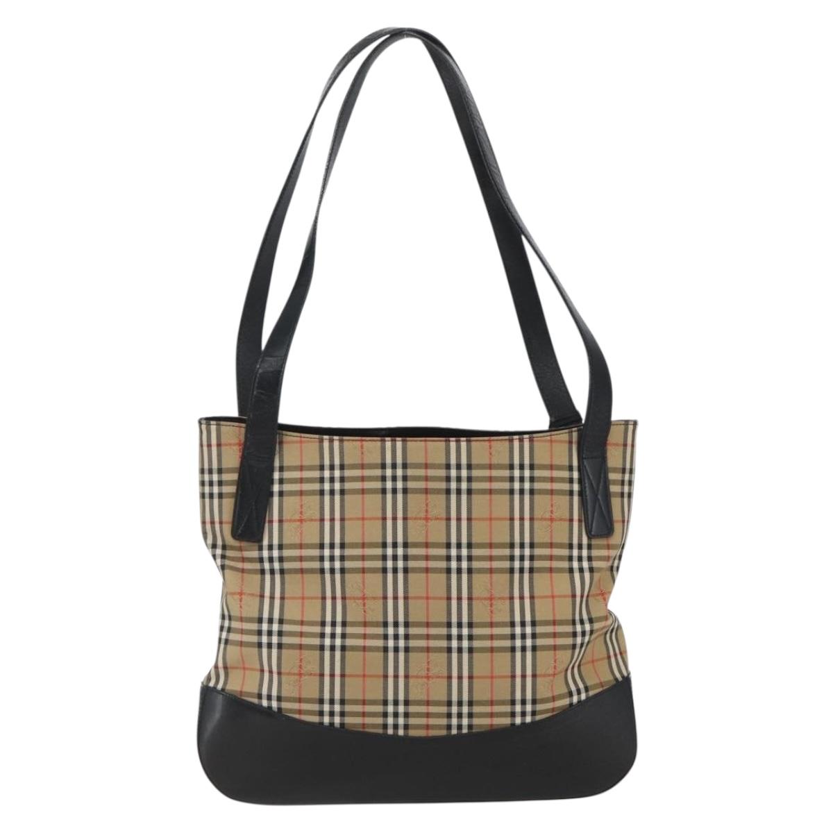 Burberrys Nova Check Tote Bag Canvas Leather Beige Black gold Auth fm5026