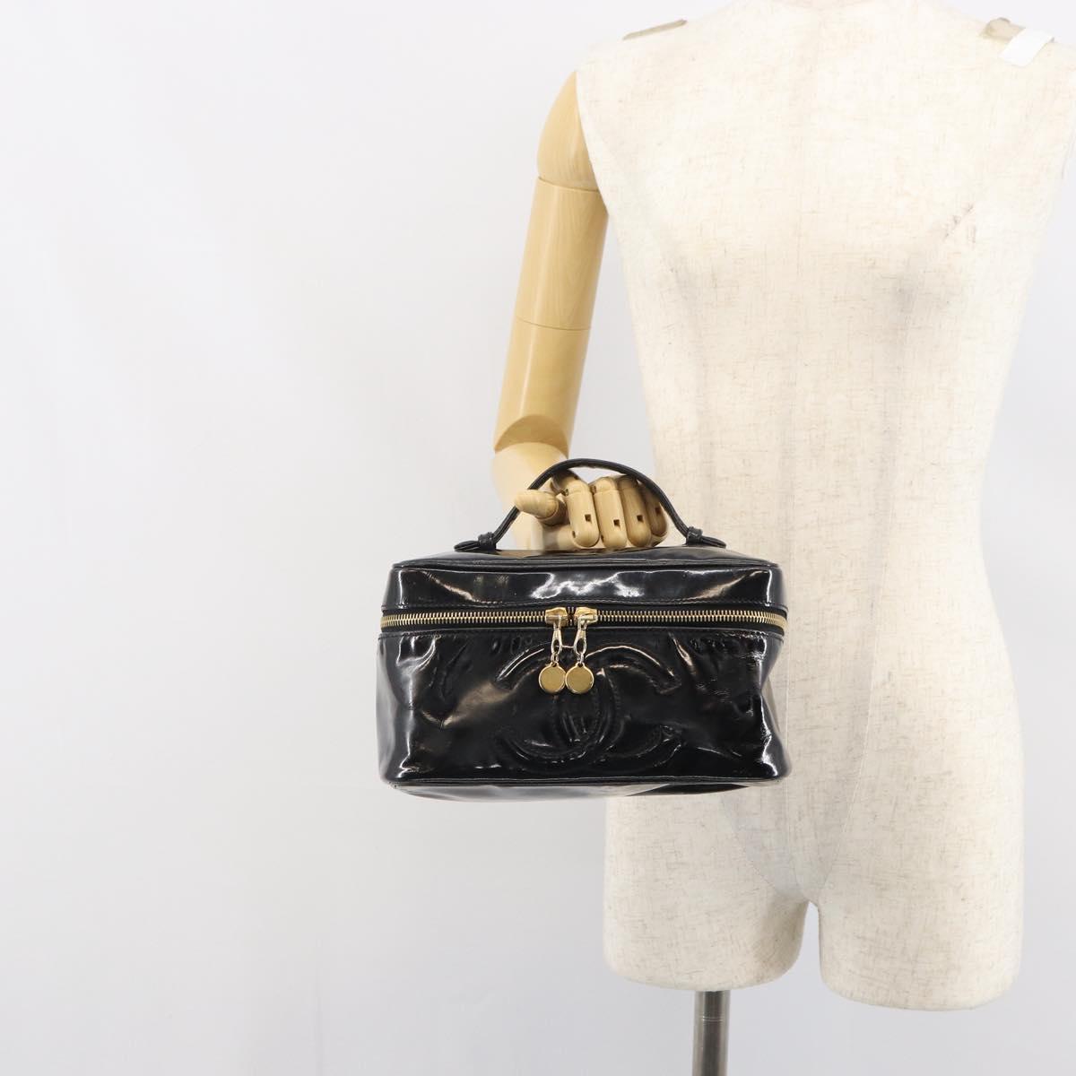 CHANEL Vanity Pouch Patent leather Black Gold CC Auth fm5051
