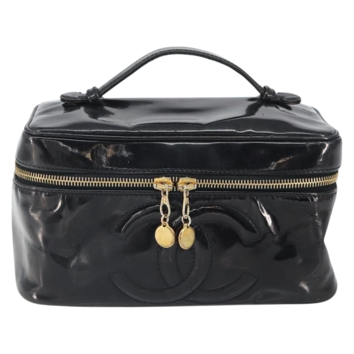 CHANEL Vanity Pouch Patent leather Black Gold CC Auth fm5051