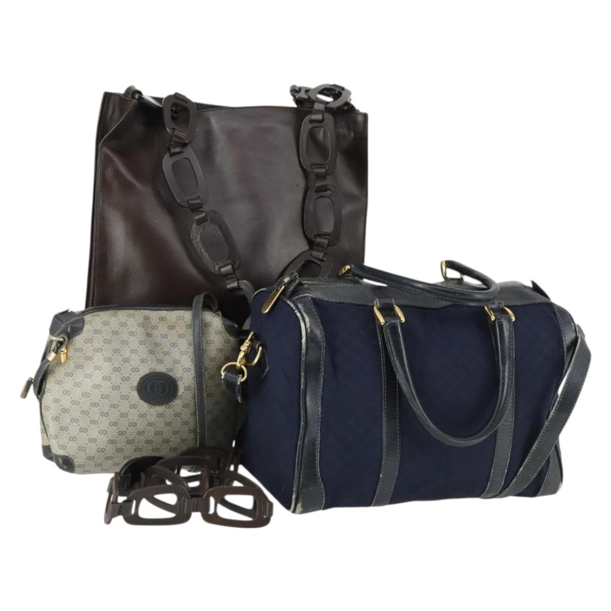 GUCCI Micro GG Canvas GG Micro Supreme Bag Leather 3 Set Navy Brown Auth fm5061