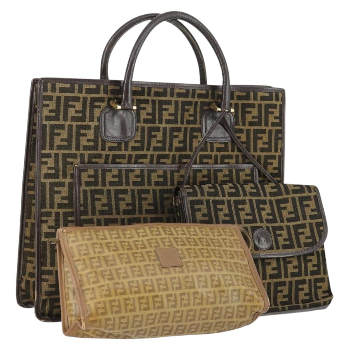 FENDI Zucca Canvas Zucchino Canvas Bag PVC 3 Set Black Brown Auth fm5063