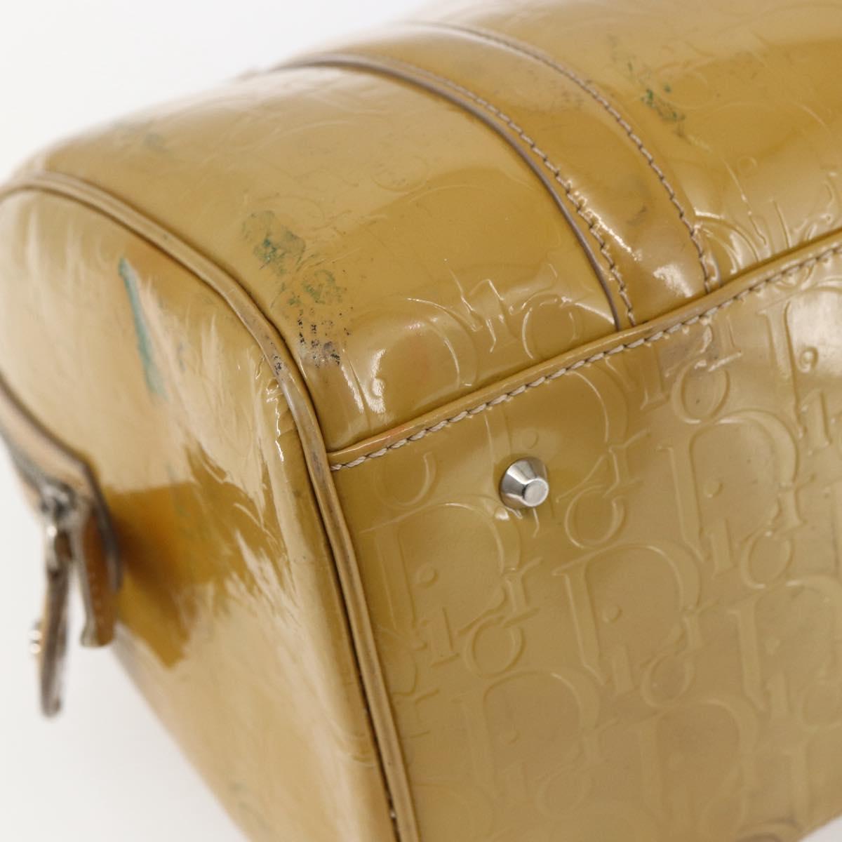 Christian Dior Trotter Canvas Boston Bag Patent leather Beige Silver Auth fm5079