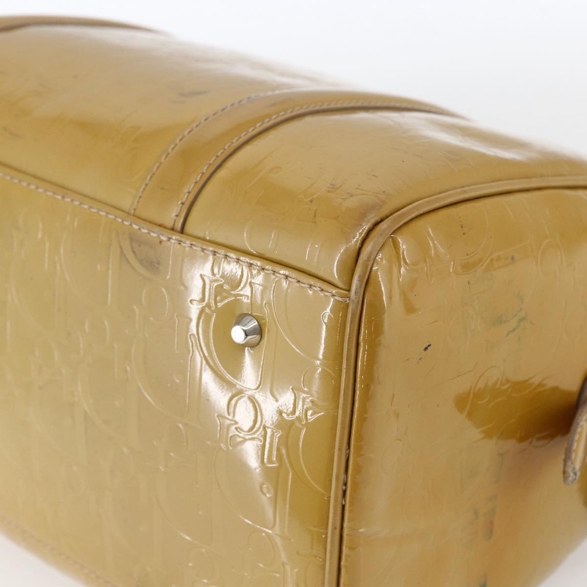 Christian Dior Trotter Canvas Boston Bag Patent leather Beige Silver Auth fm5079