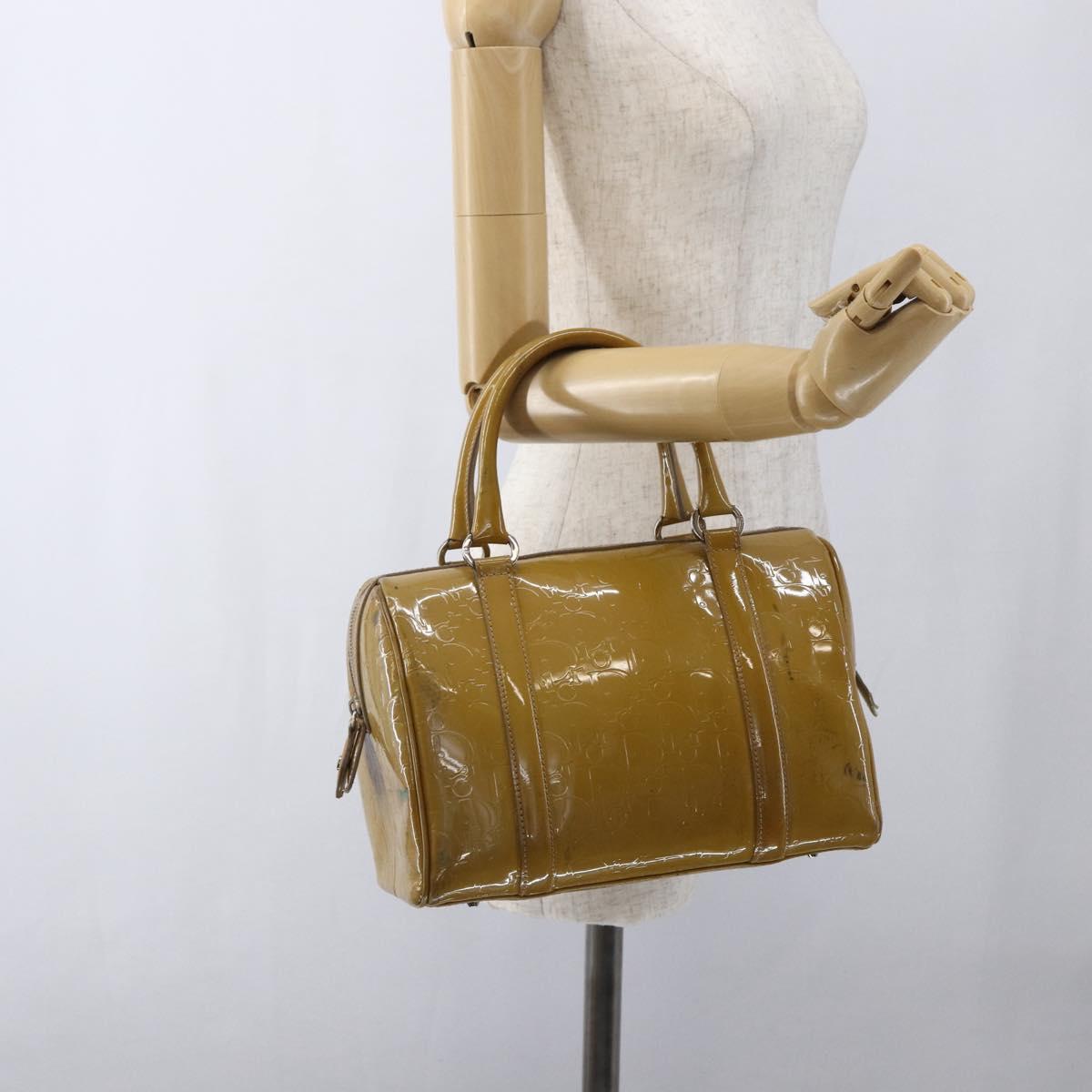 Christian Dior Trotter Canvas Boston Bag Patent leather Beige Silver Auth fm5079