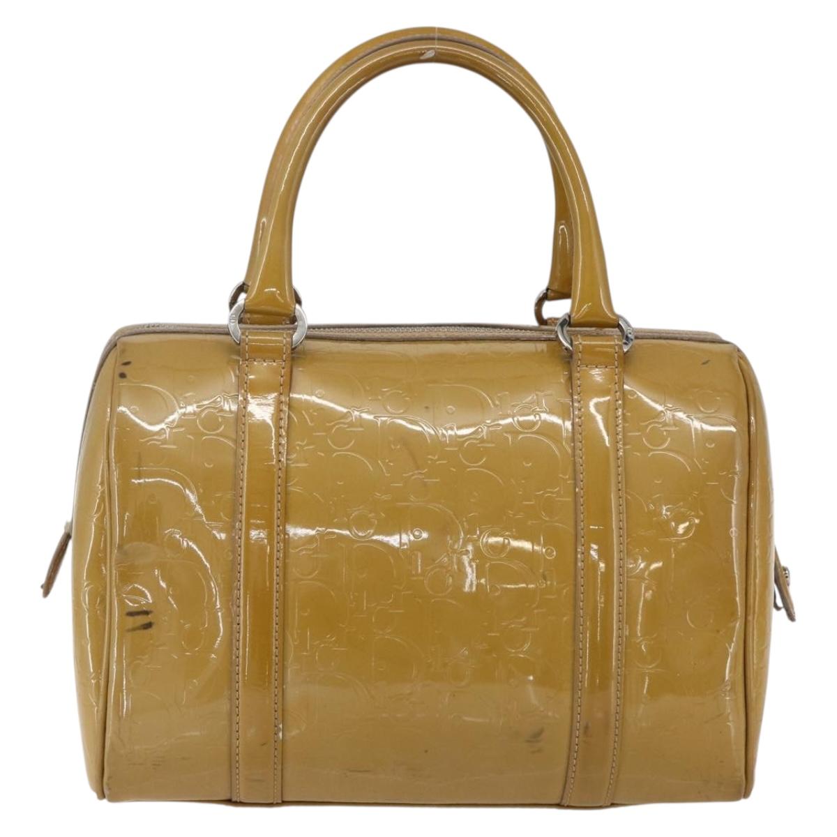 Christian Dior Trotter Canvas Boston Bag Patent leather Beige Silver Auth fm5079