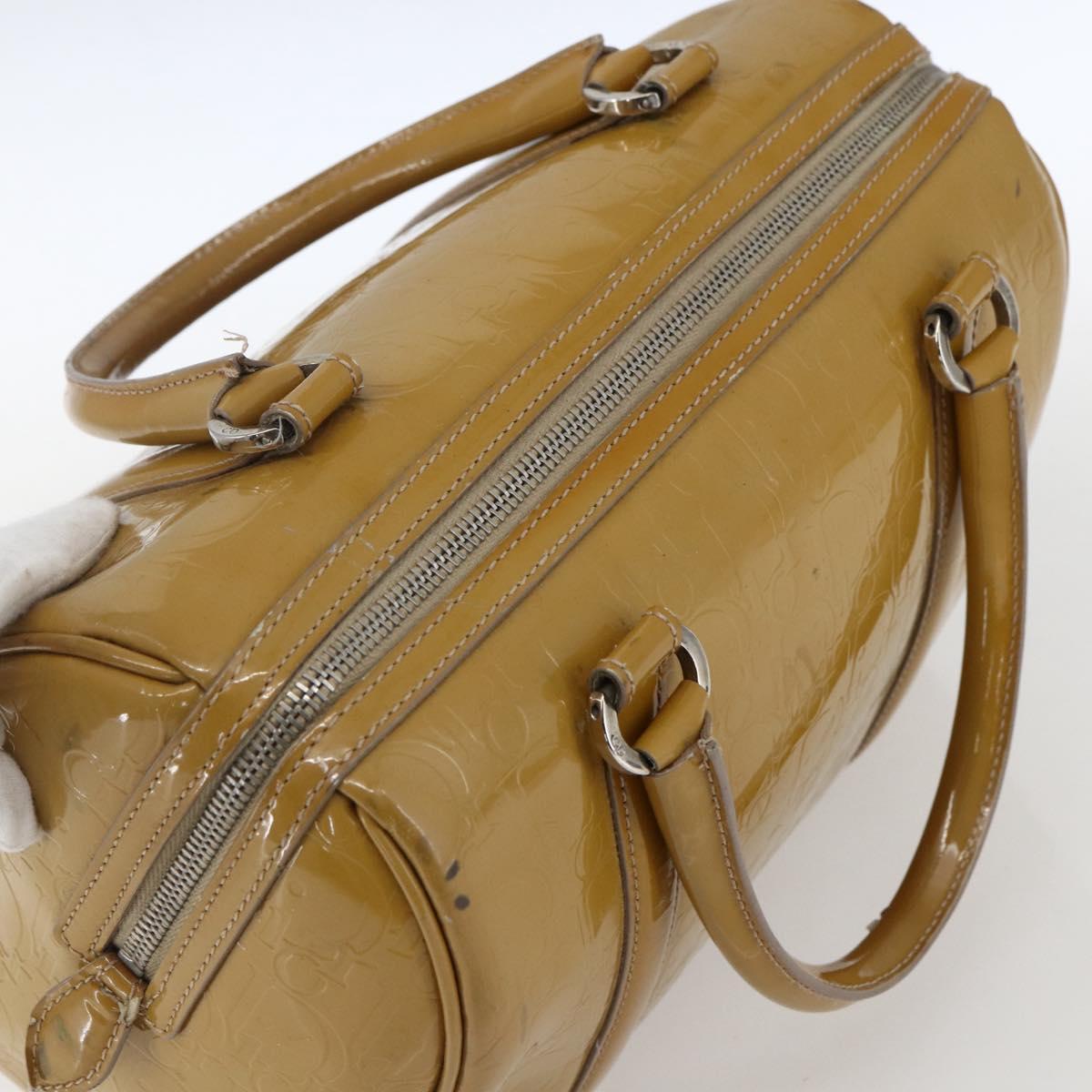 Christian Dior Trotter Canvas Boston Bag Patent leather Beige Silver Auth fm5079
