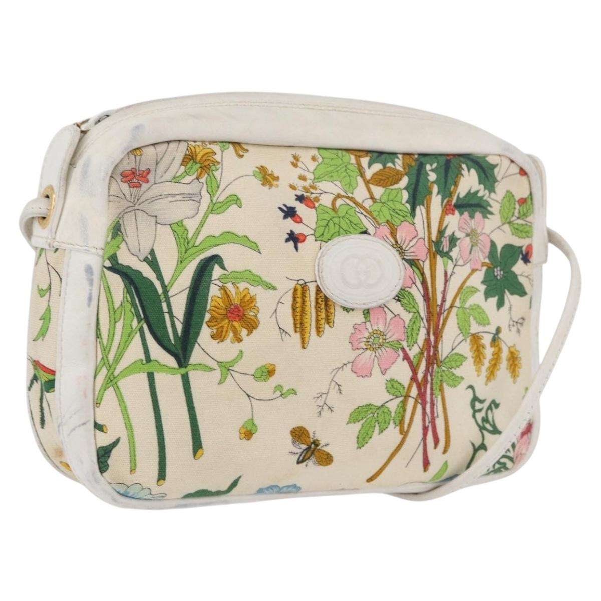 GUCCI Flora Shoulder Bag Canvas Leather White Gold 007 14 0068 Auth fm5083