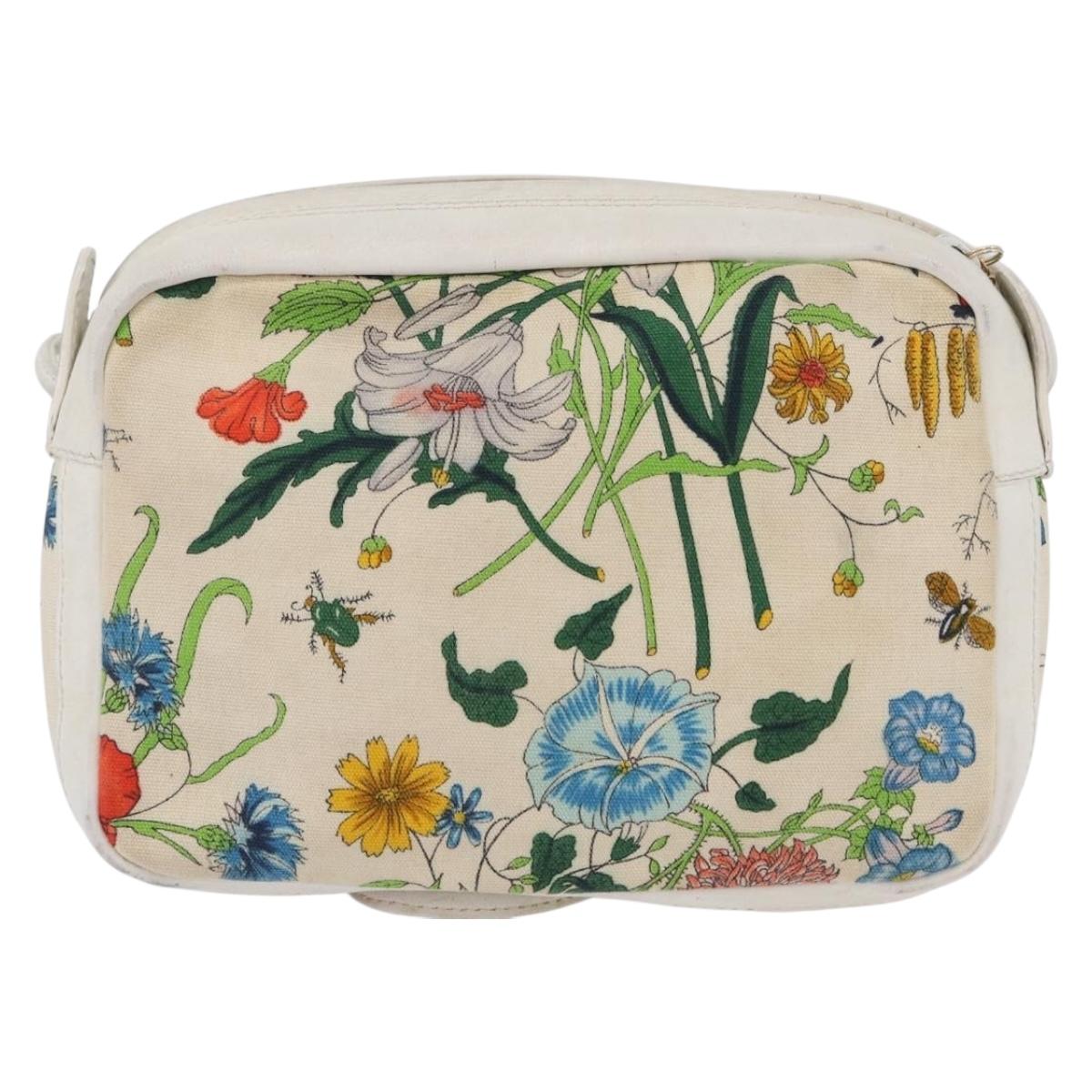 GUCCI Flora Shoulder Bag Canvas Leather White Gold 007 14 0068 Auth fm5083
