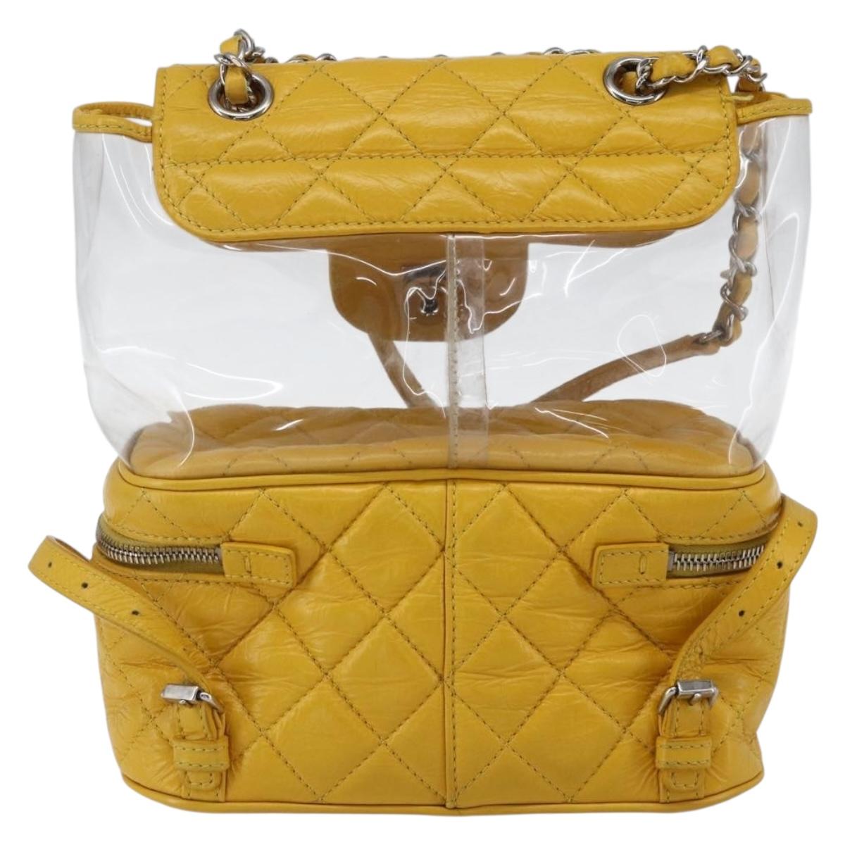 CHANEL Matelasse Chain Aquarium Backpack Leather Vinyl Yellow CC Auth fm5093V