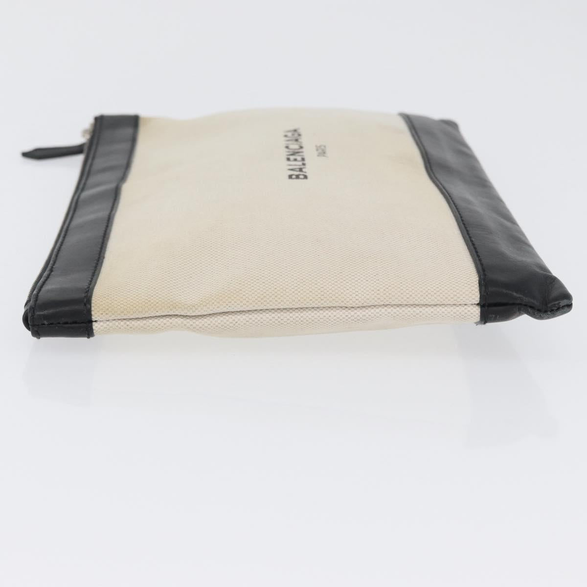 BALENCIAGA Navy clip M Clutch Bag Canvas Leather Beige Black 373834 Auth fm5111