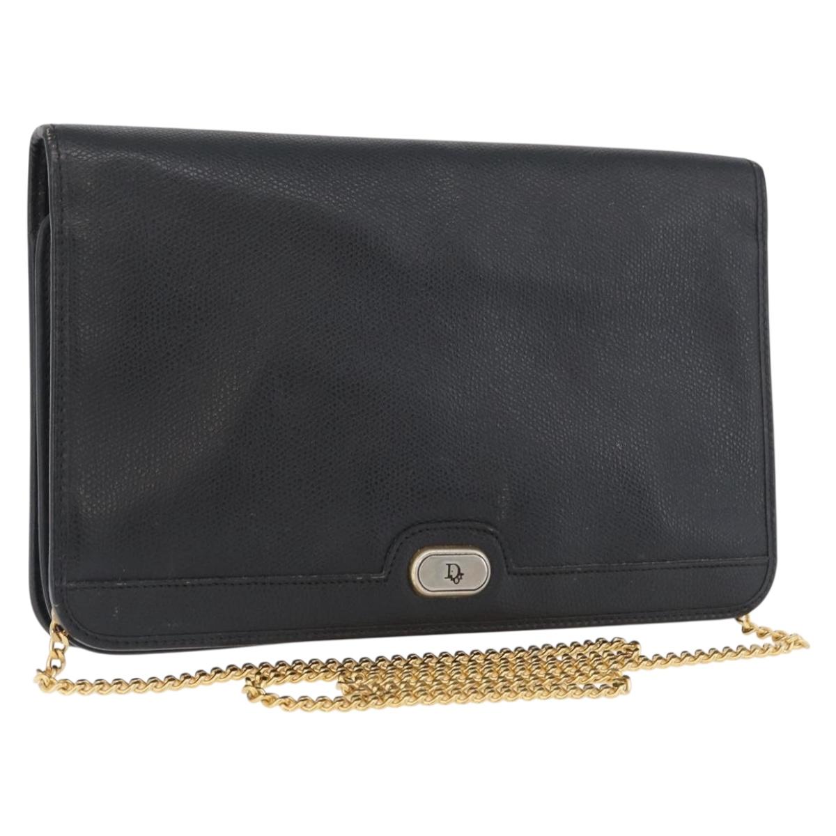 Christian Dior Chain Shoulder Bag Leather Black Gold Auth fm5129