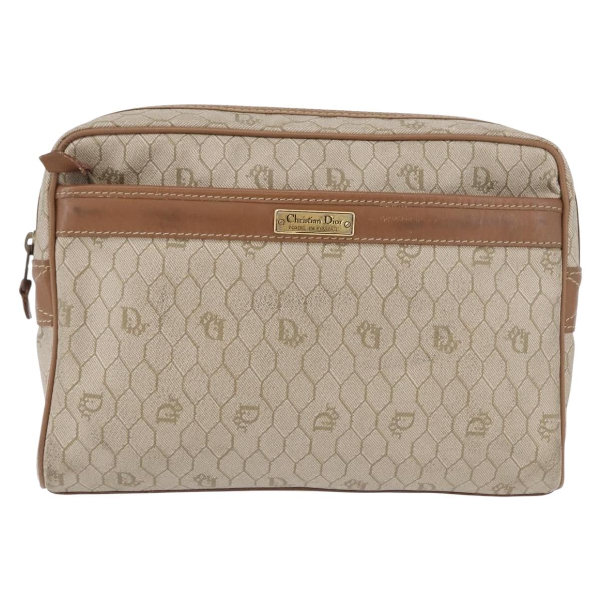 Christian Dior Honeycomb Canvas Clutch Bag PVC Beige Gold Auth fm5130