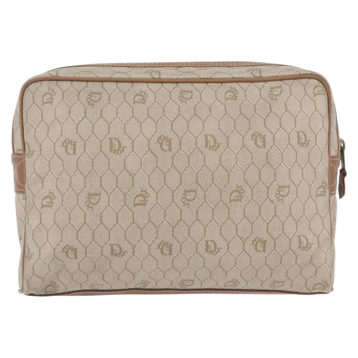Christian Dior Honeycomb Canvas Clutch Bag PVC Beige Gold Auth fm5130