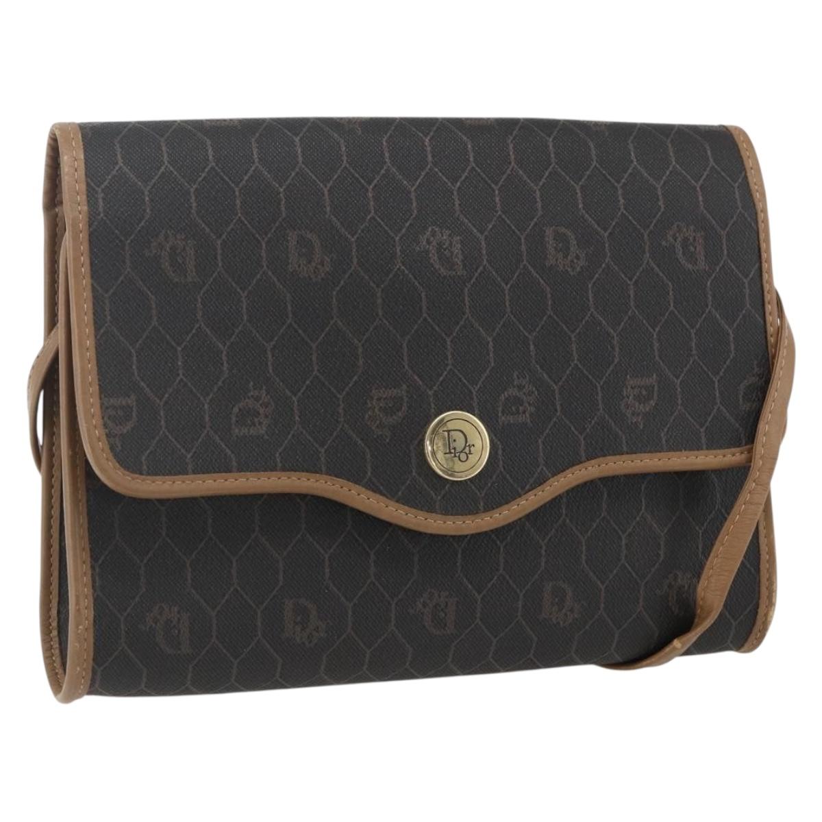 Christian Dior Honeycomb Canvas Shoulder Bag PVC Black Gold Auth fm5132