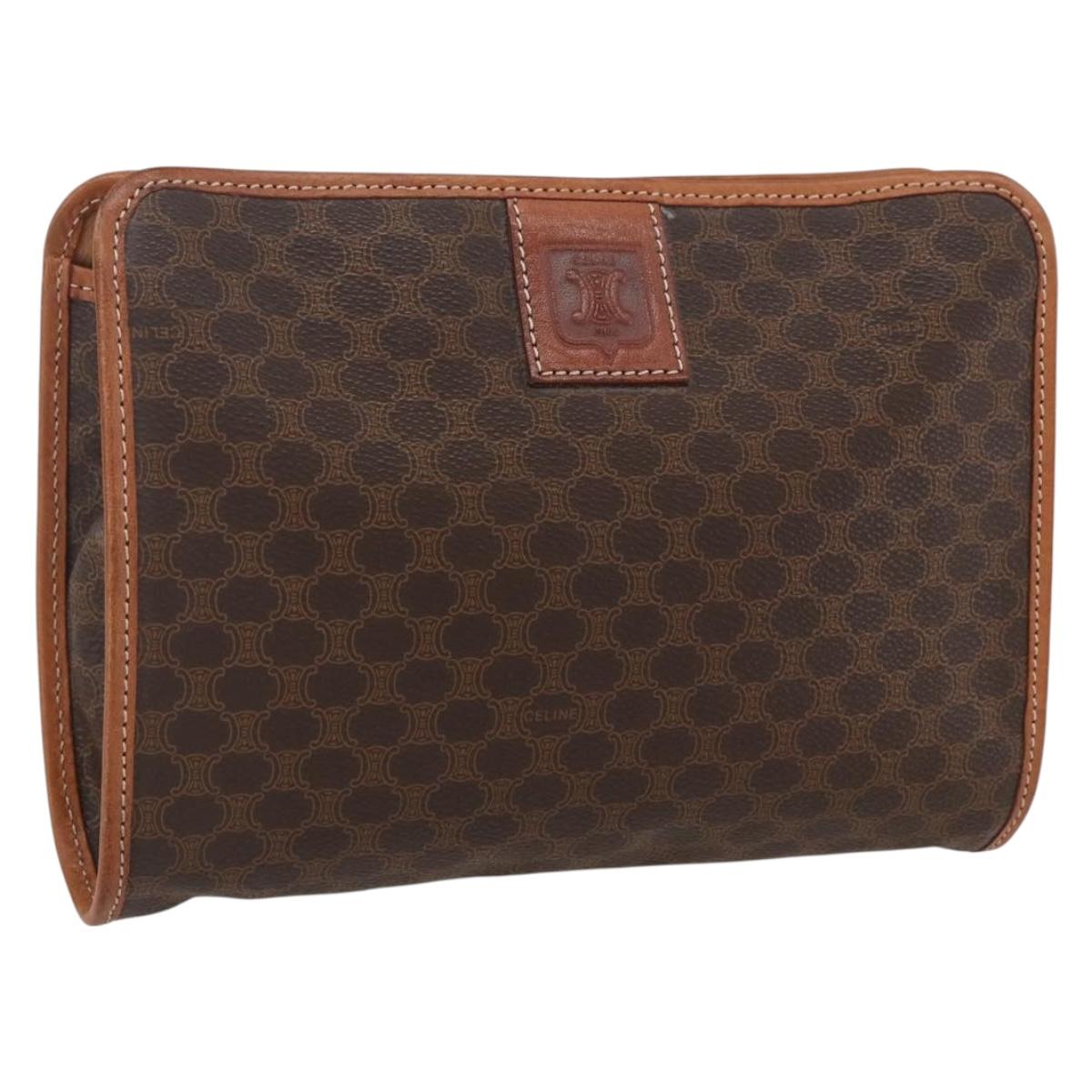 CELINE Macadam Canvas Clutch Bag PVC Leather Brown Gold Auth fm5133