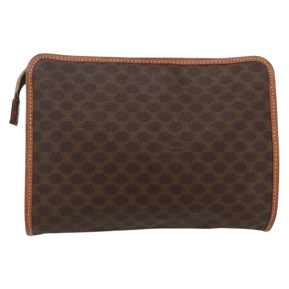 CELINE Macadam Canvas Clutch Bag PVC Leather Brown Gold Auth fm5133