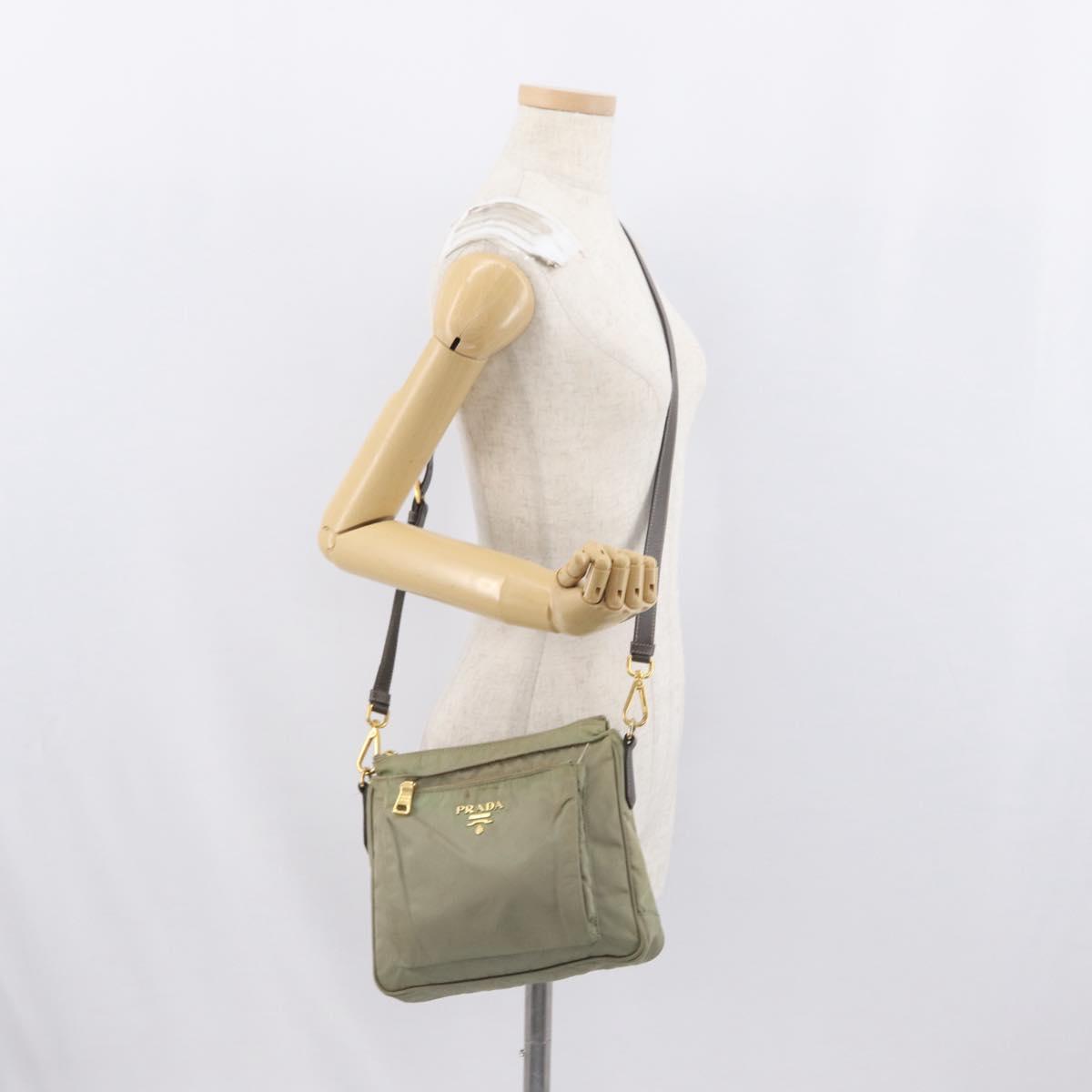 PRADA Shoulder Bag Nylon Leather Beige Gold Auth fm5136
