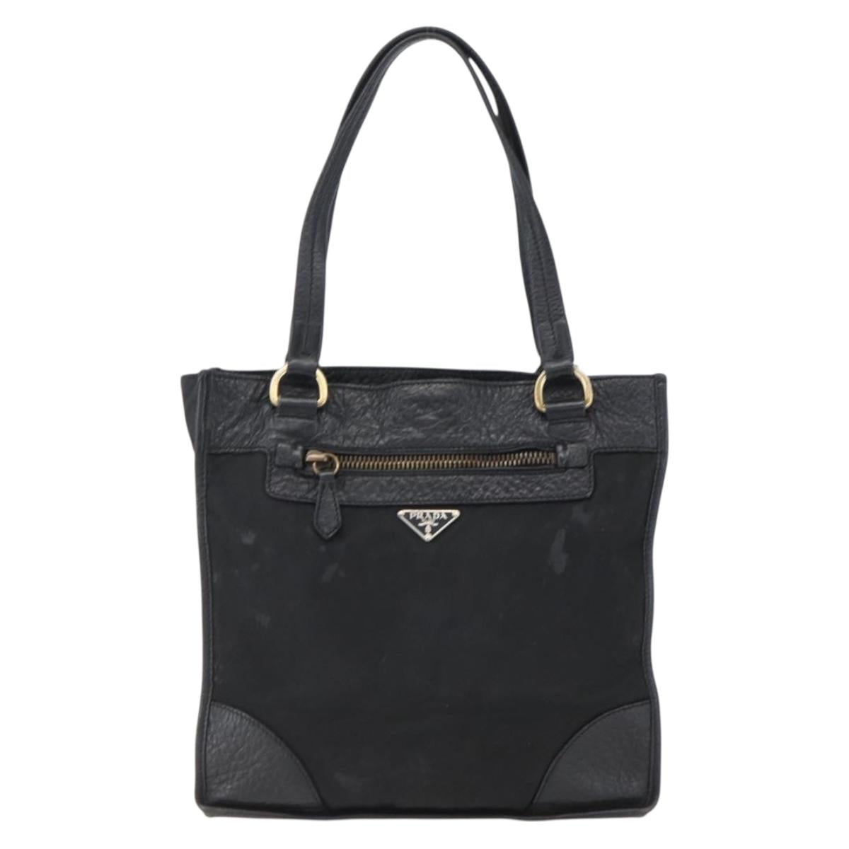 PRADA Tote Bag Nylon Leather Black Gold Auth fm5143