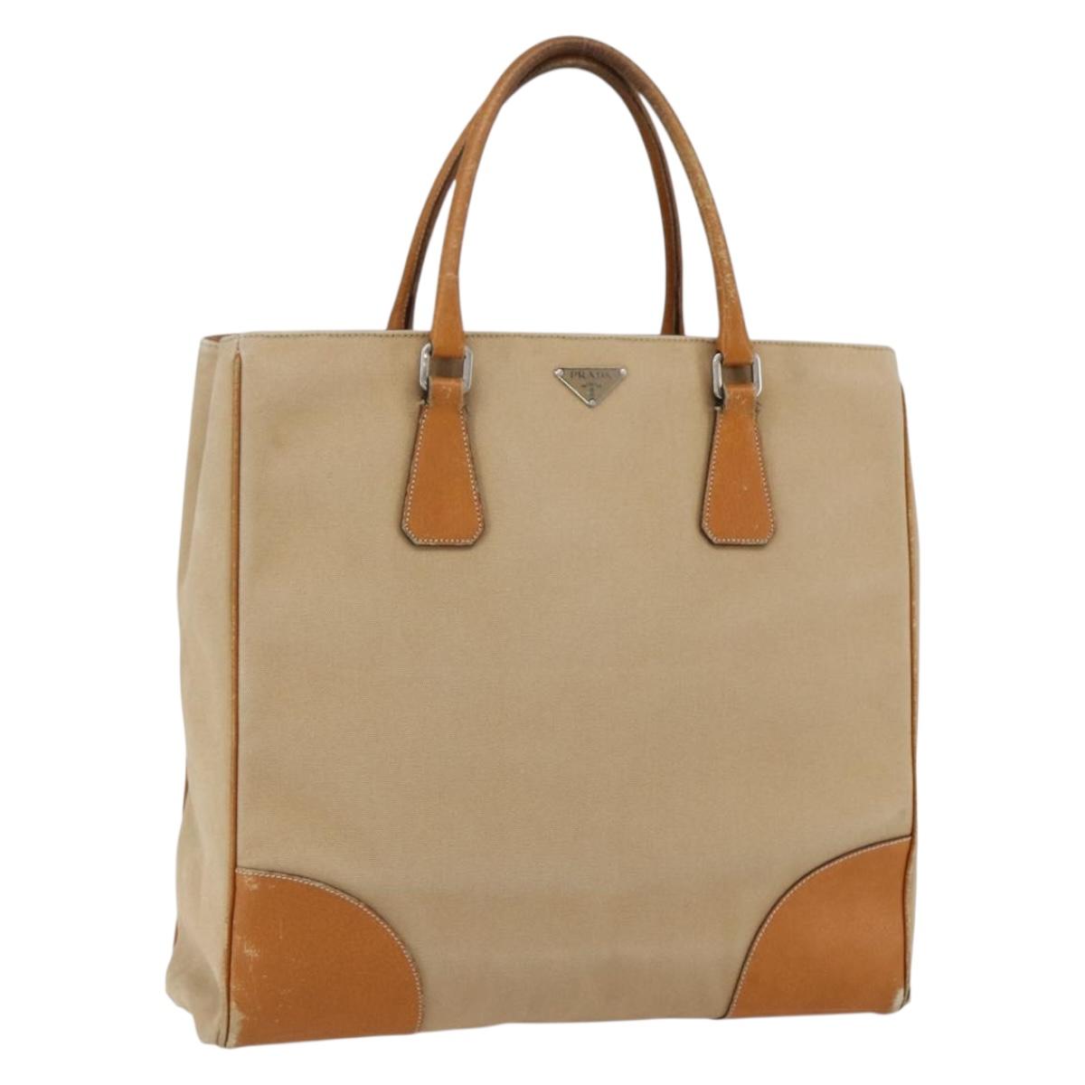 PRADA Hand Bag Canvas Leather Beige Silver Auth fm5148