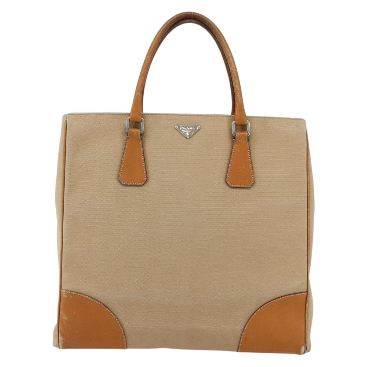 PRADA Hand Bag Canvas Leather Beige Silver Auth fm5148