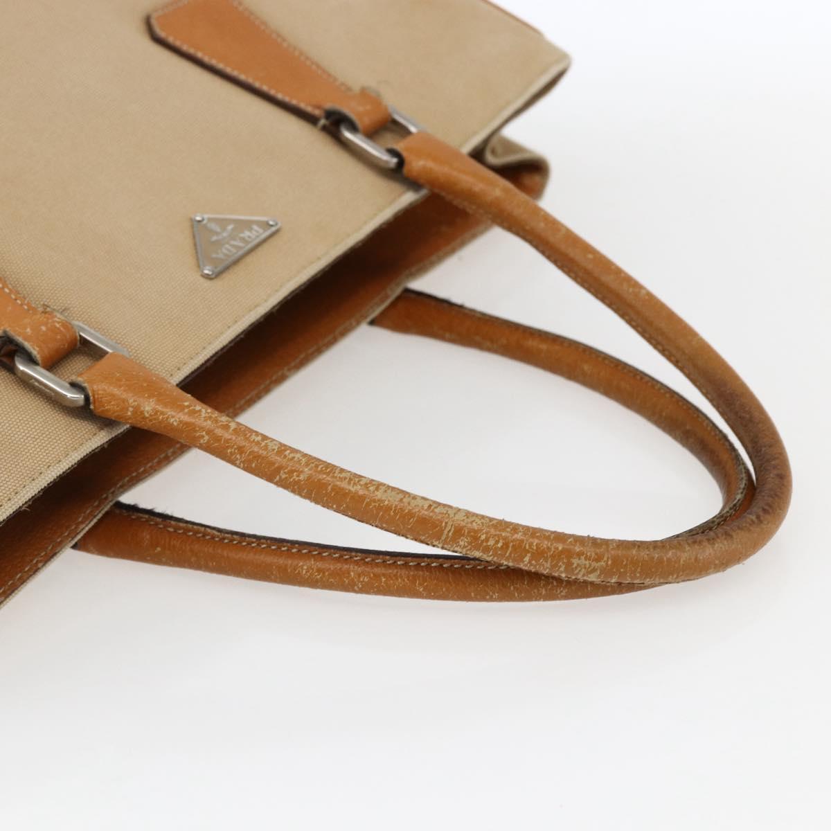 PRADA Hand Bag Canvas Leather Beige Silver Auth fm5148