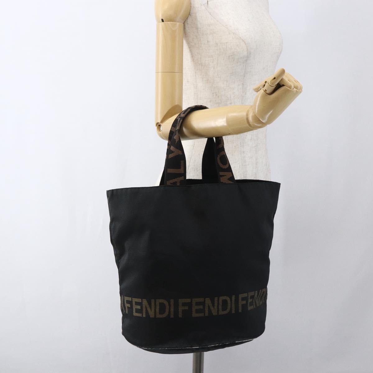 FENDI Hand Bag Nylon Black Gold Auth fm5150