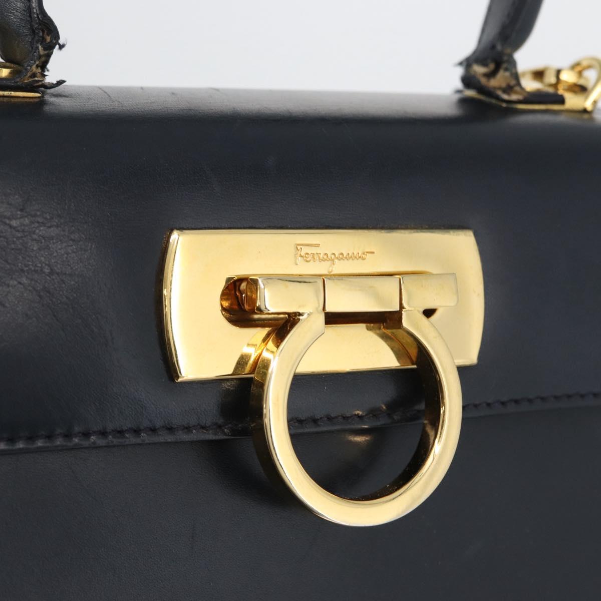 Salvatore Ferragamo Gancini Hand Bag Leather 2way Navy Gold Auth fm5153