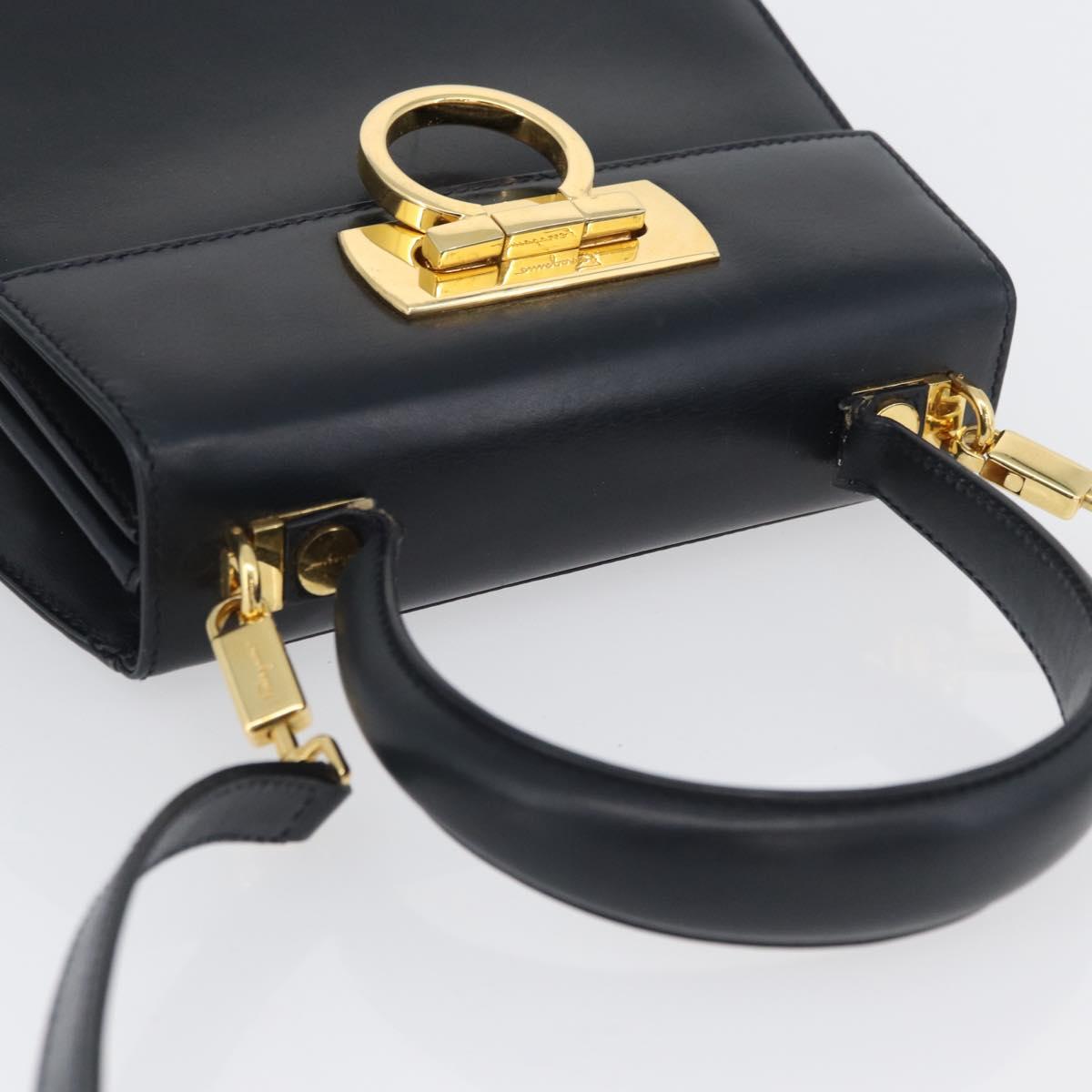 Salvatore Ferragamo Gancini Hand Bag Leather 2way Navy Gold Auth fm5153