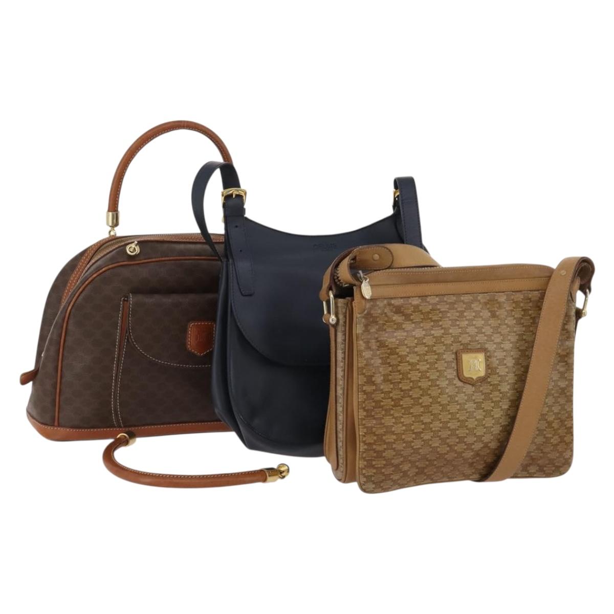 CELINE Macadam Canvas Bag PVC Leather 3 Set Brown Beige Navy Auth fm5170