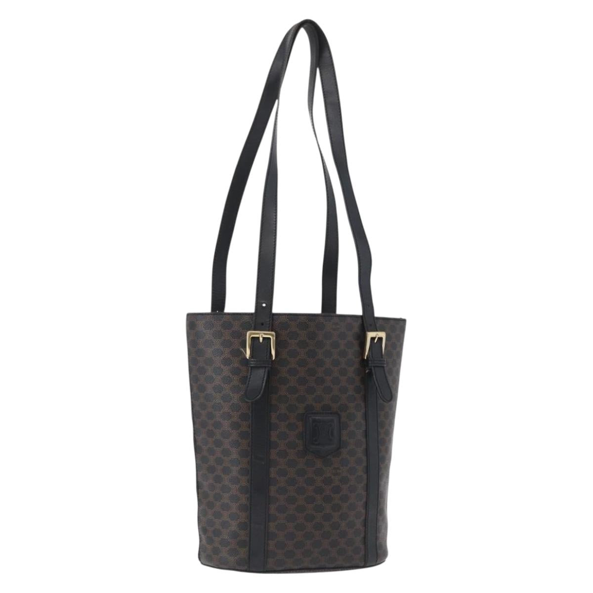 CELINE Macadam Canvas Tote Bag PVC Leather Black Gold Auth fm5176