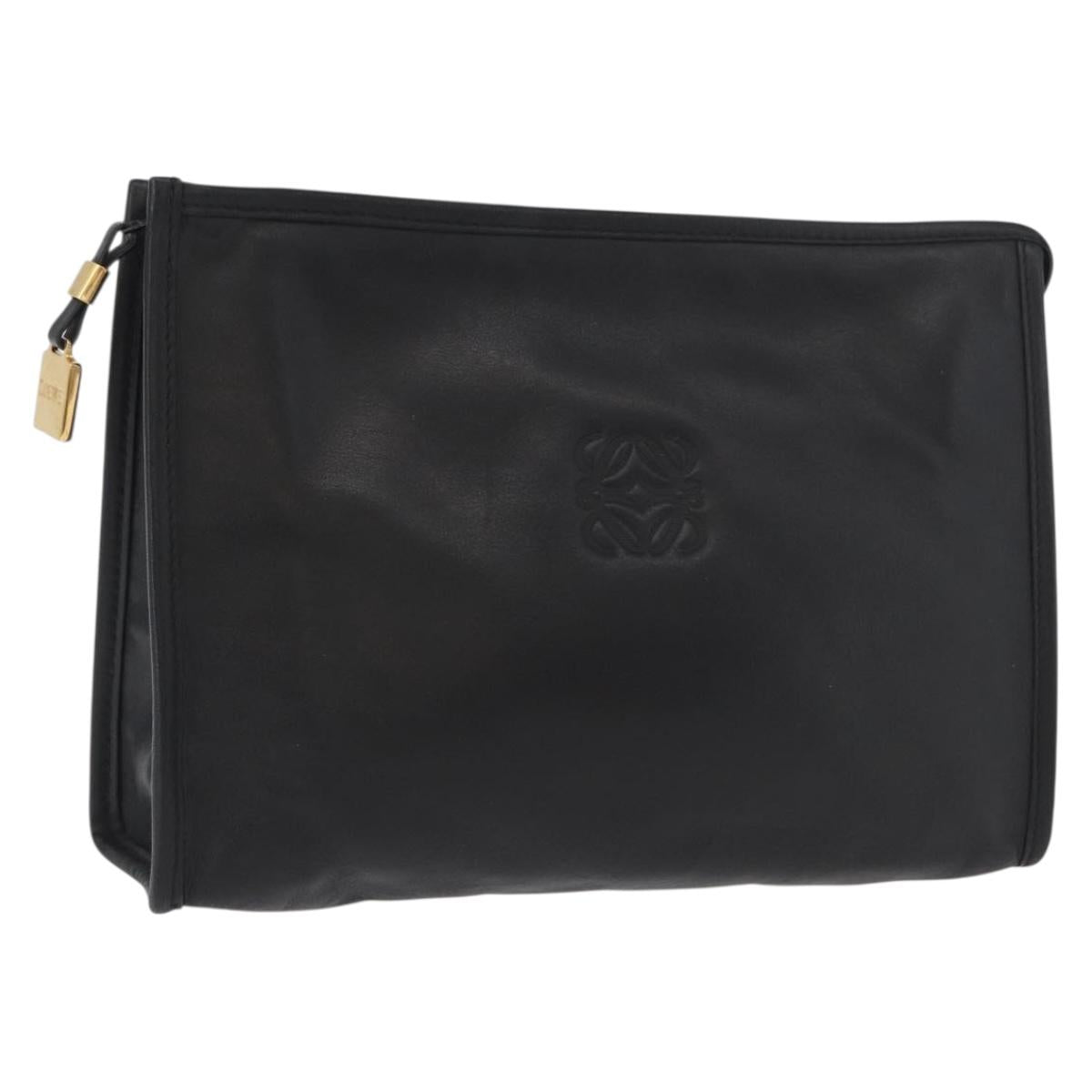 LOEWE Anagram Clutch Bag Leather Black Gold Auth fm5182