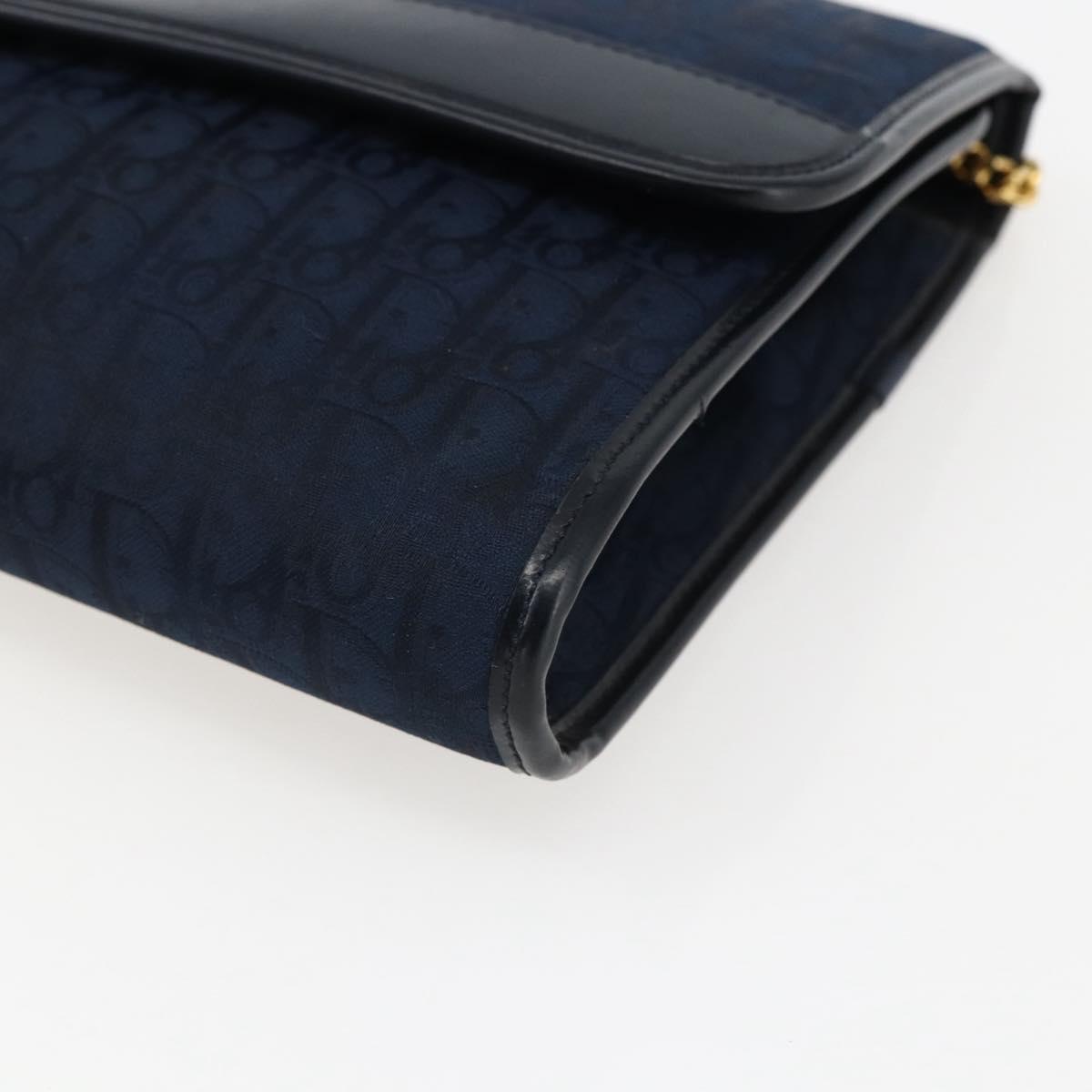 Christian Dior Trotter Canvas Chain Shoulder Bag Navy Gold Auth fm5213