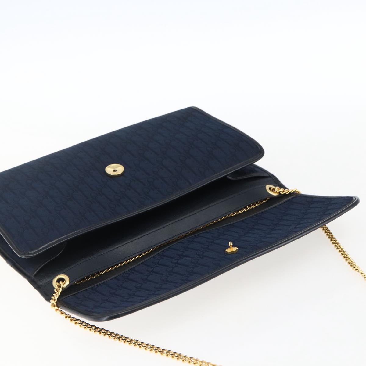 Christian Dior Trotter Canvas Chain Shoulder Bag Navy Gold Auth fm5213