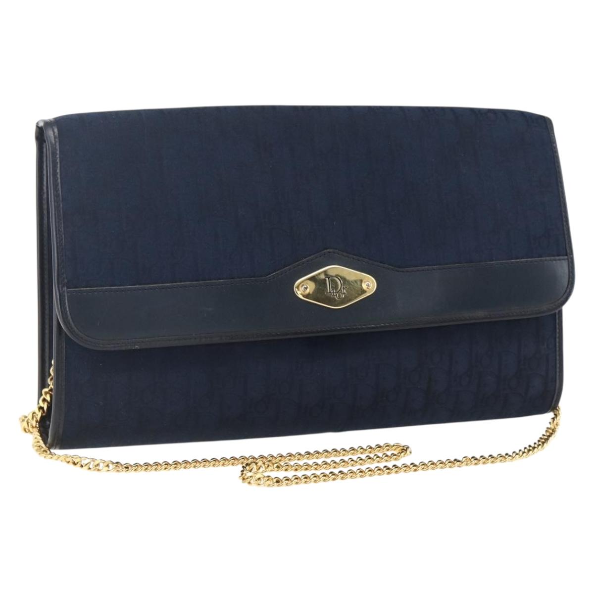 Christian Dior Trotter Canvas Chain Shoulder Bag Navy Gold Auth fm5213