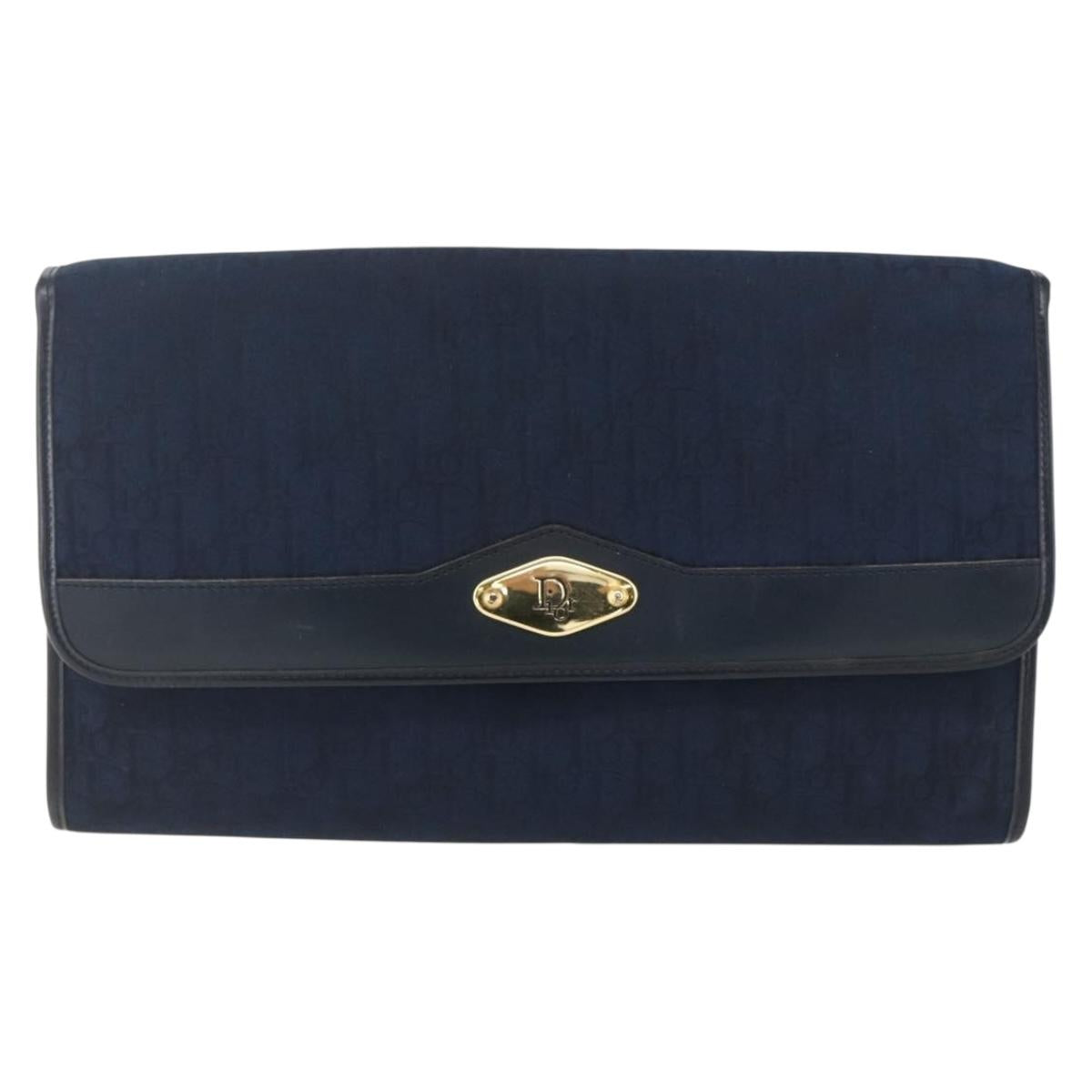 Christian Dior Trotter Canvas Chain Shoulder Bag Navy Gold Auth fm5213