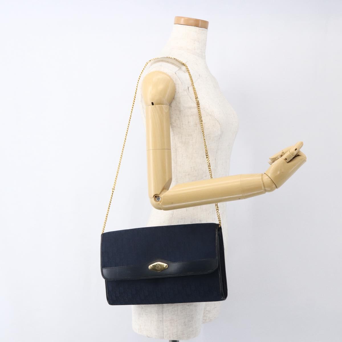 Christian Dior Trotter Canvas Chain Shoulder Bag Navy Gold Auth fm5213