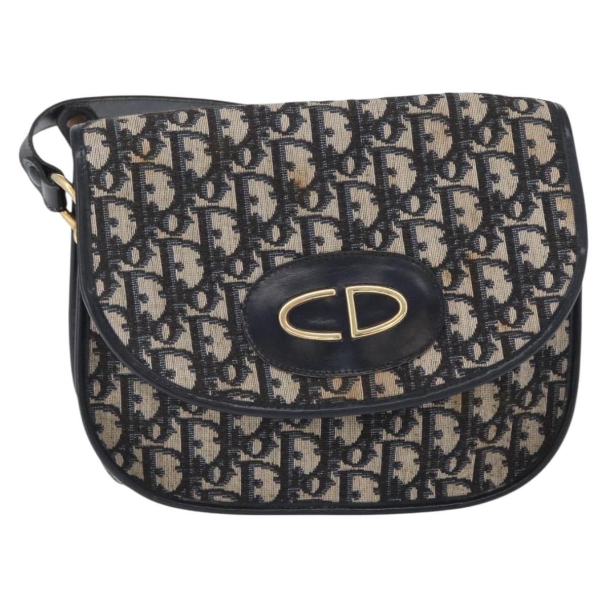 Christian Dior Trotter Canvas Shoulder Bag Navy Gold Auth fm5214