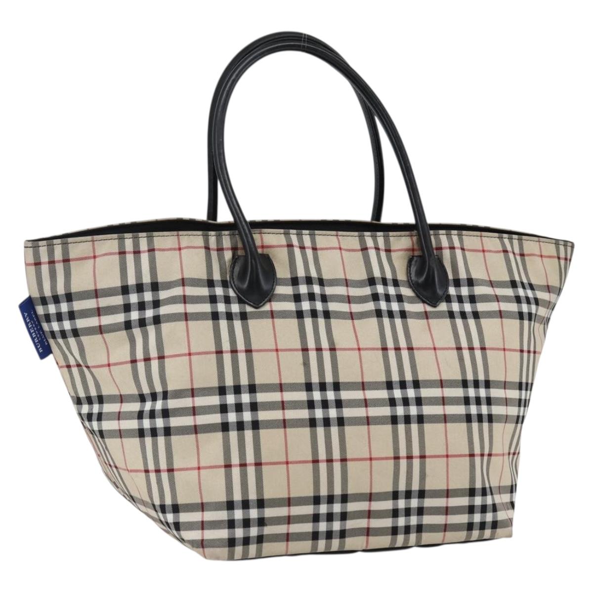BURBERRY Nova Check Blue Label Hand Bag Nylon Beige Silver Auth fm5216