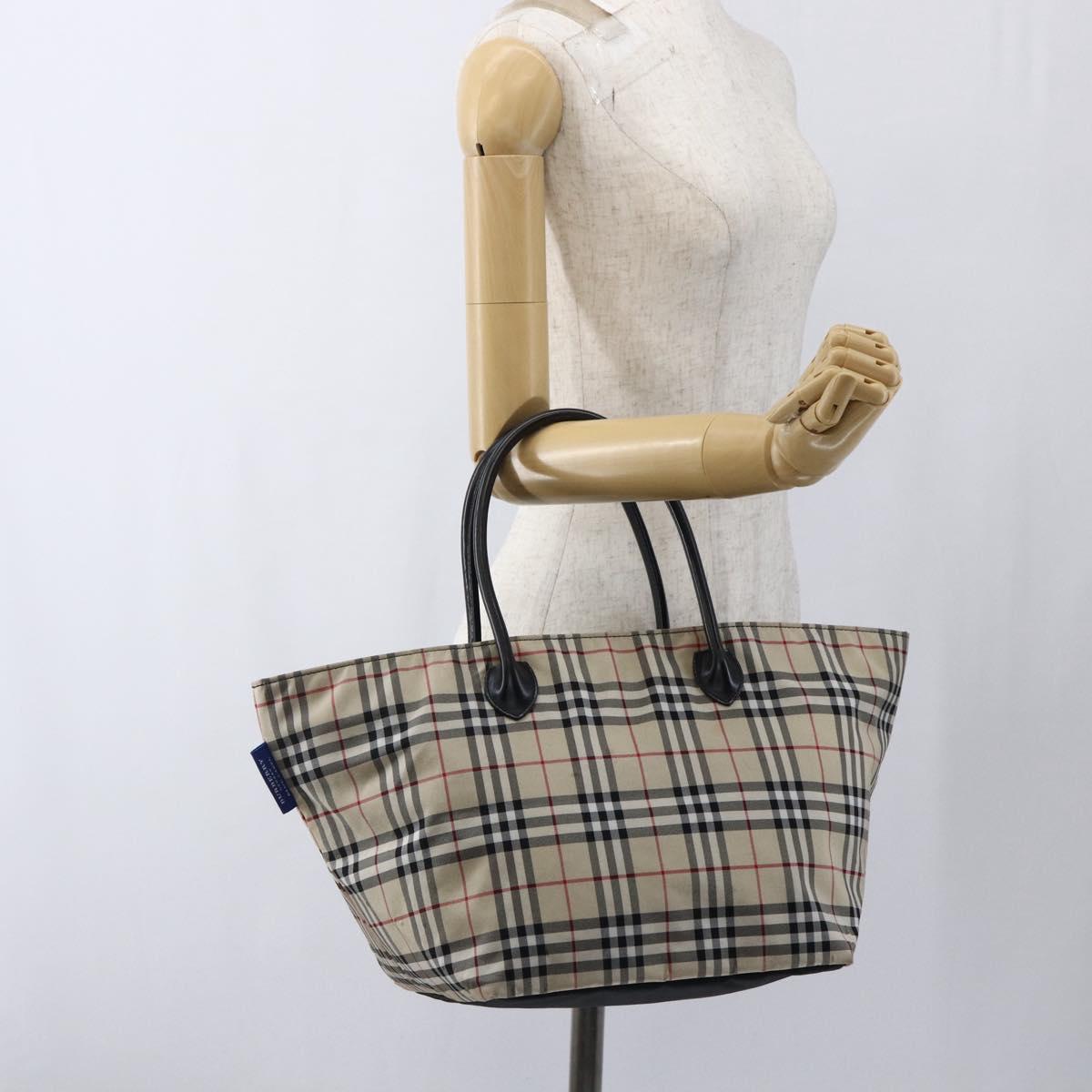 BURBERRY Nova Check Blue Label Hand Bag Nylon Beige Silver Auth fm5216