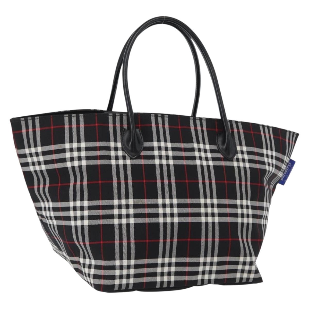 Burberrys Nova Check Blue Label Hand Bag Nylon Black Silver Auth fm5217