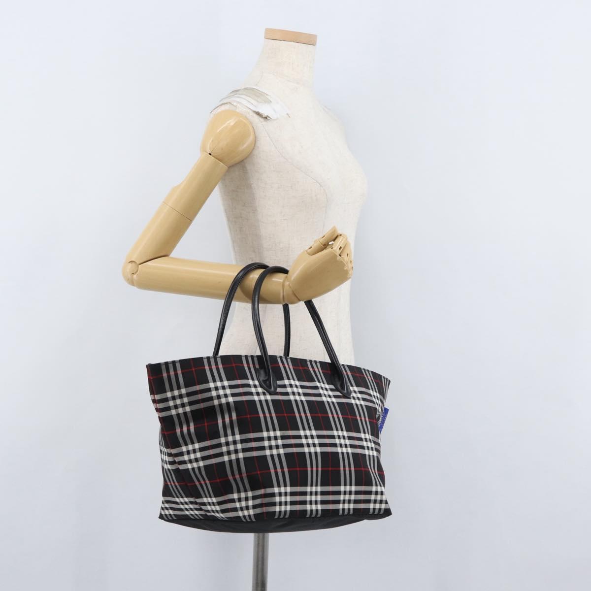 Burberrys Nova Check Blue Label Hand Bag Nylon Black Silver Auth fm5217