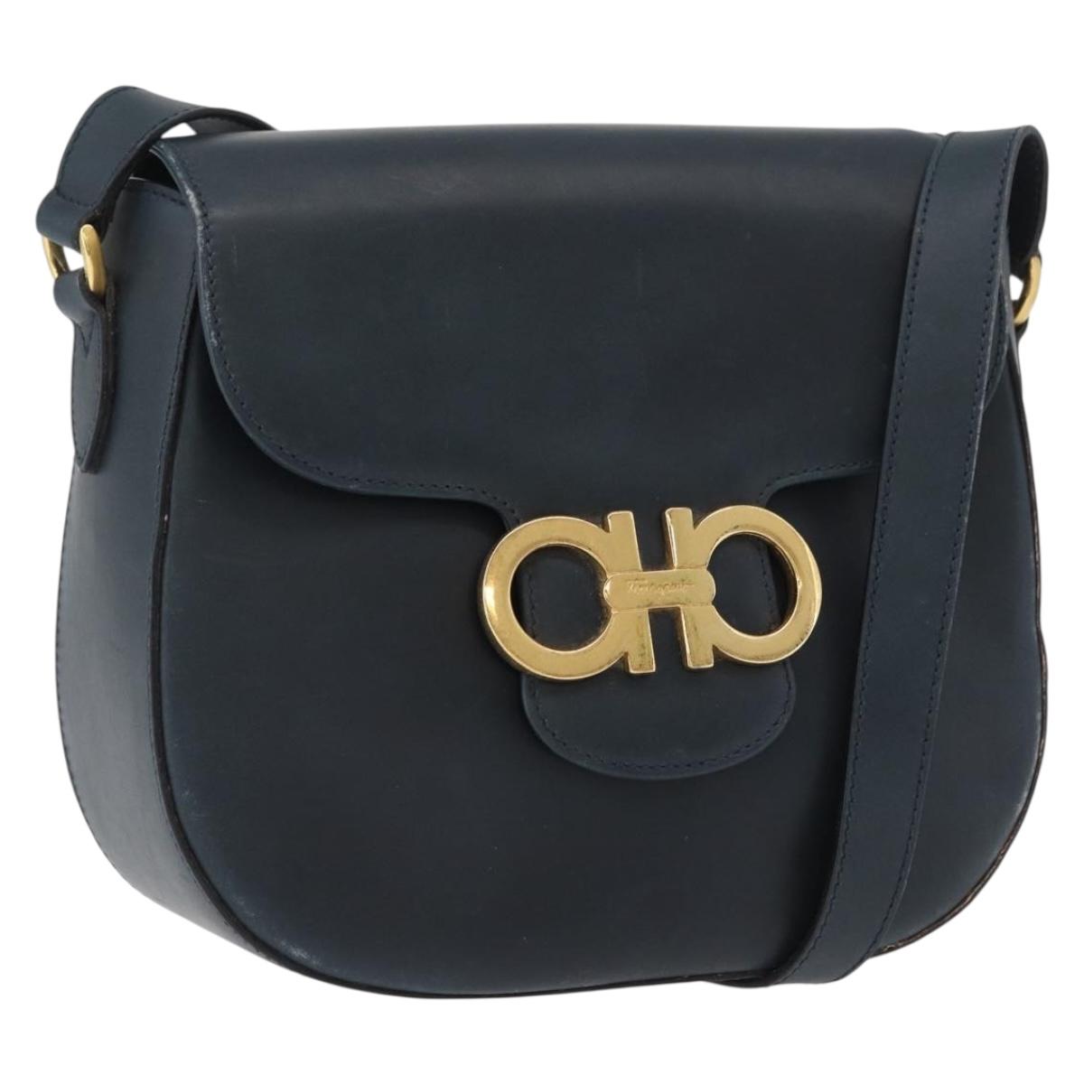 Salvatore Ferragamo Gancini Shoulder Bag Leather Navy Gold Auth fm5223