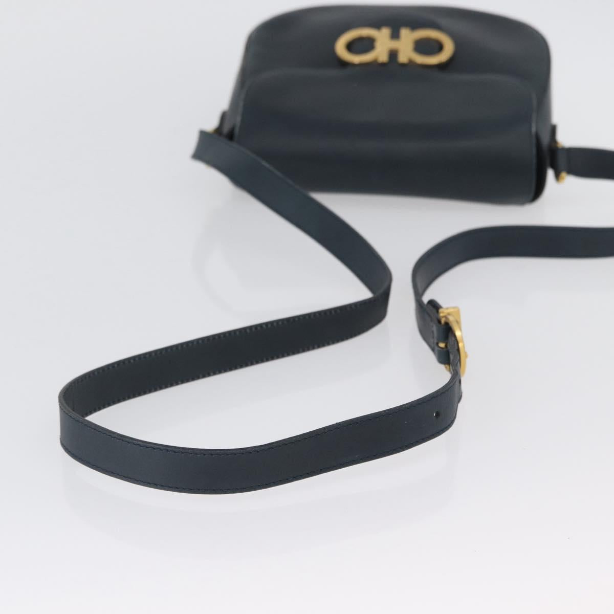 Salvatore Ferragamo Gancini Shoulder Bag Leather Navy Gold Auth fm5223