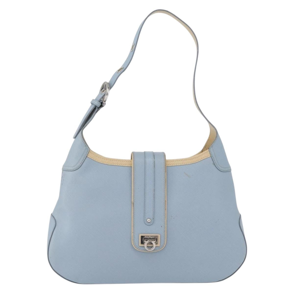 Salvatore Ferragamo Gancini Shoulder Bag Leather Light Blue Silver Auth fm5224